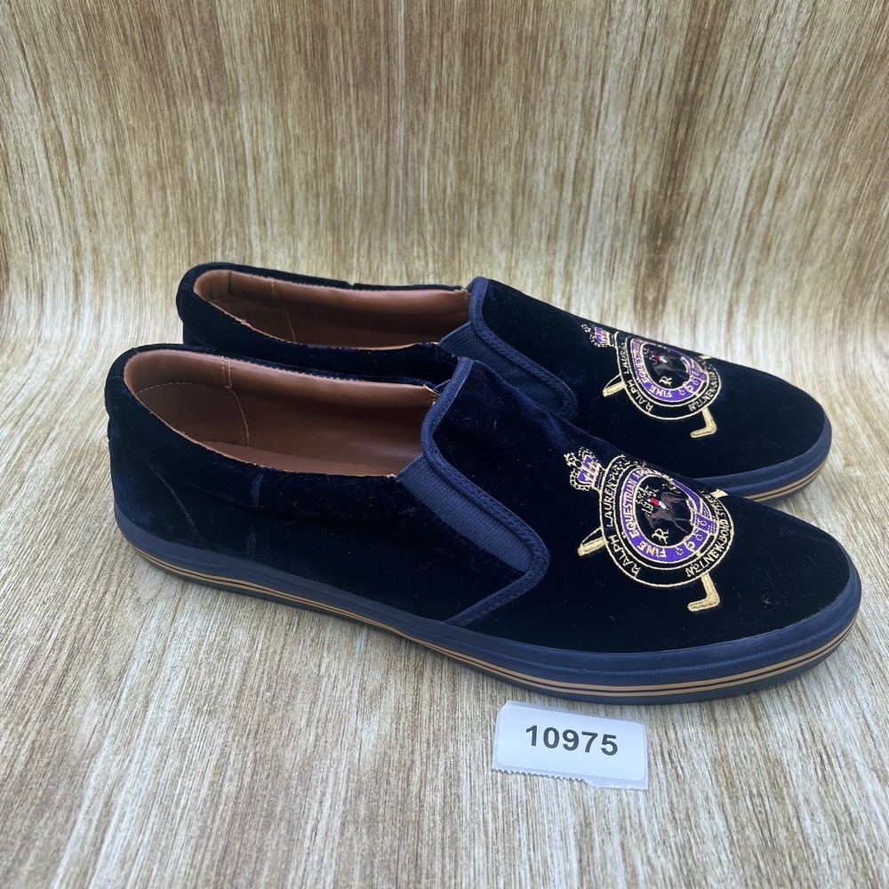 Ralph Lauren Purple Label Slip On Sneakers Mens 11D Navy Velvet Equestrian Crest - Picture 10 of 10